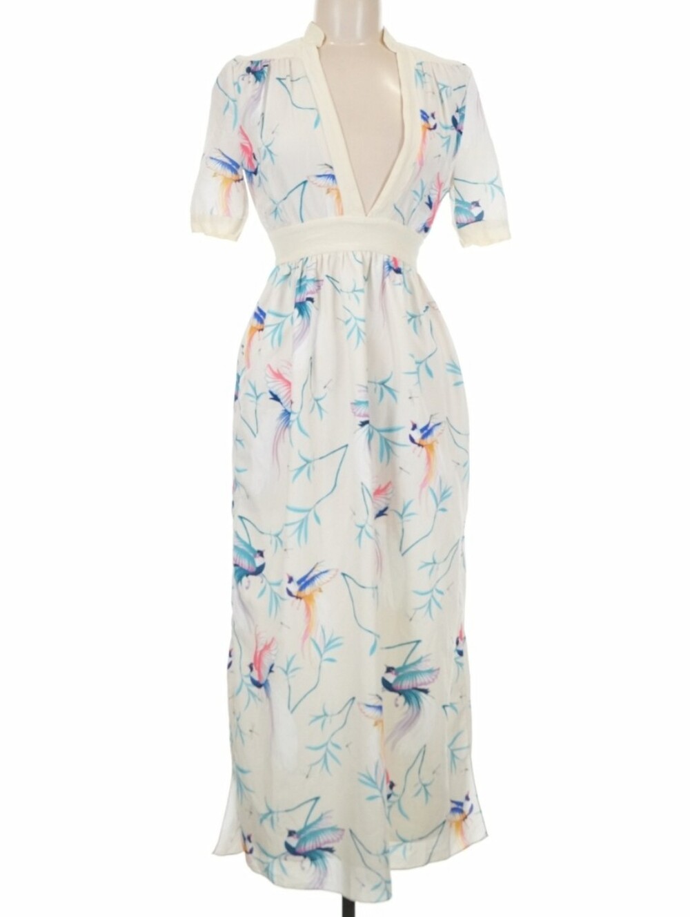 Borgo De Nor White Birds Of Paradise Print V-Neck Midi Dress (US 6)